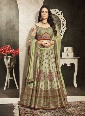 Green Embroidered Silk Semi Stitched Lehenga 1