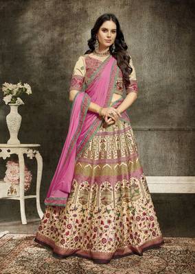 Cream Embroidered Silk Semi Stitched Lehenga 1