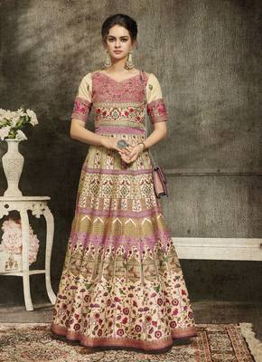Cream Embroidered Silk Semi Stitched Lehenga 2