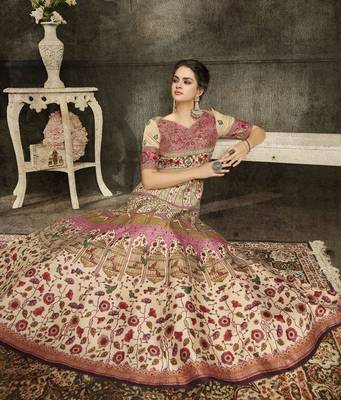 Cream Embroidered Silk Semi Stitched Lehenga 4
