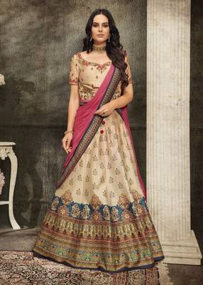 Cream Embroidered Silk Semi Stitched Lehenga 1