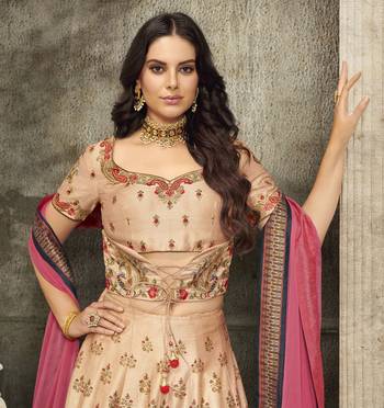 Cream Embroidered Silk Semi Stitched Lehenga 4