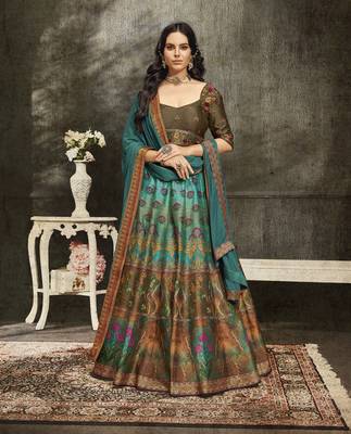 Green Embroidered Silk Semi Stitched Lehenga 1