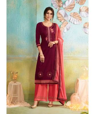 Partywear Maroon Jam Cotton Silk Un-Stitched Plazzo Suits 1