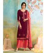 Partywear Maroon Jam Cotton Silk Un-Stitched Plazzo Suits
