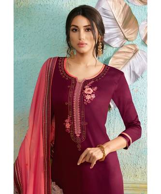 Partywear Maroon Jam Cotton Silk Un-Stitched Plazzo Suits 2