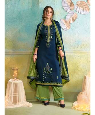 Partywear Blue Jam Cotton Silk Un-Stitched Plazzo Suits 1