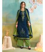 Partywear Blue Jam Cotton Silk Un-Stitched Plazzo Suits