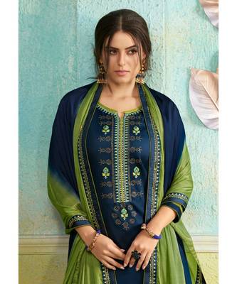 Partywear Blue Jam Cotton Silk Un-Stitched Plazzo Suits 2