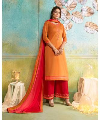 Partywear Orange Jam Cotton Silk Un-Stitched Plazzo Suits 1