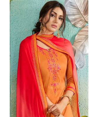 Partywear Orange Jam Cotton Silk Un-Stitched Plazzo Suits 2