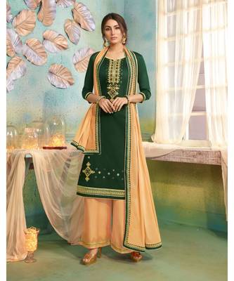 Partywear Green Jam Cotton Silk Un-Stitched Plazzo Suits 1