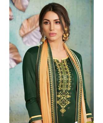 Partywear Green Jam Cotton Silk Un-Stitched Plazzo Suits 2