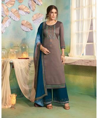 Partywear Grey Jam Cotton Silk Un-Stitched Plazzo Suits 1