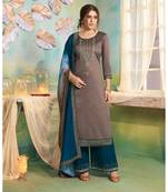 Partywear Grey Jam Cotton Silk Un-Stitched Plazzo Suits