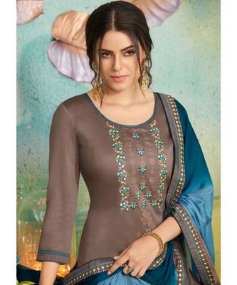 Partywear Grey Jam Cotton Silk Un-Stitched Plazzo Suits 2