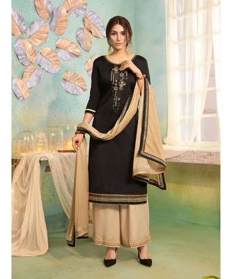 Partywear Black Jam Cotton Silk Un-Stitched Plazzo Suits 1