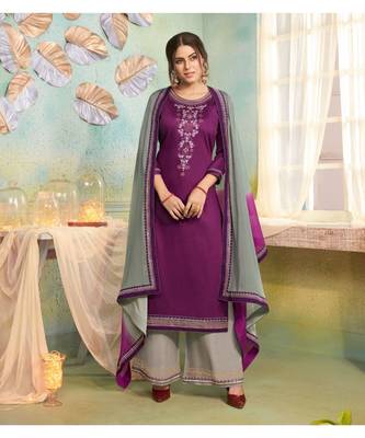Partywear Purple Jam Cotton Silk Un-Stitched Plazzo Suits 1