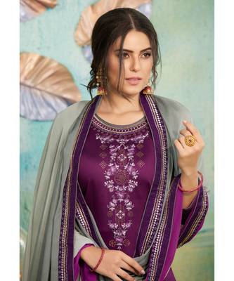 Partywear Purple Jam Cotton Silk Un-Stitched Plazzo Suits 2