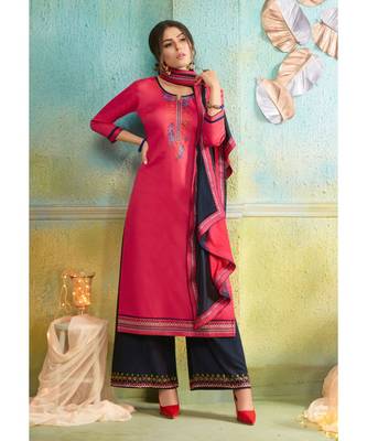 Partywear Pink Jam Cotton Silk Un-Stitched Plazzo Suits 1