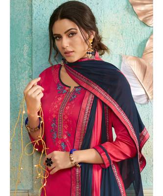 Partywear Pink Jam Cotton Silk Un-Stitched Plazzo Suits 2