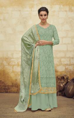 Teal embroidered faux georgette salwar 1