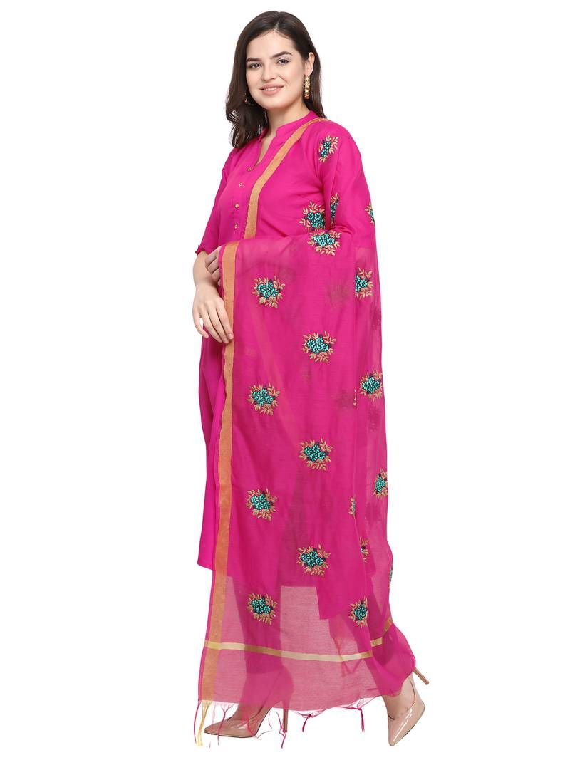 Pink Cotton Silk Embroidered Womens Dupatta