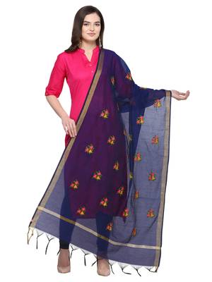 Navy Blue Cotton Silk Embroidered Womens Dupatta 1