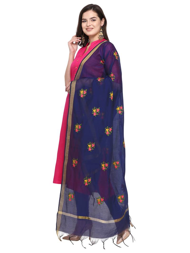 Navy Blue Cotton Silk Embroidered Womens Dupatta