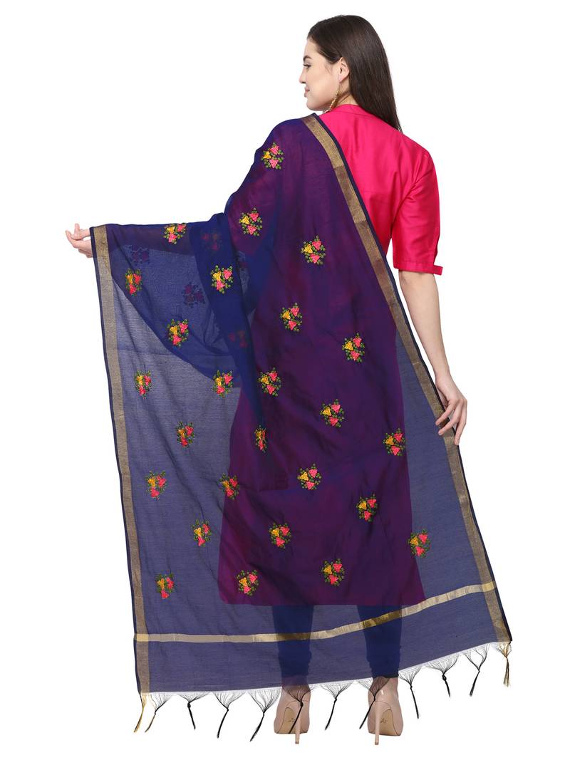 Navy Blue Cotton Silk Embroidered Womens Dupatta