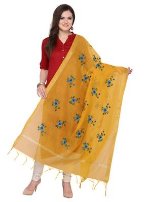 Yellow Cotton Silk Embroidered Womens Dupatta 1