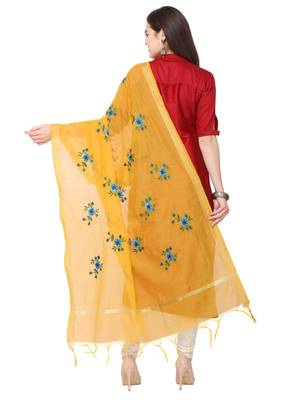 Yellow Cotton Silk Embroidered Womens Dupatta 3