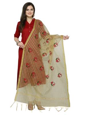 Beige Cotton Silk Embroidered Womens Dupatta 1