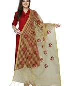 Beige Cotton Silk Embroidered Womens Dupatta