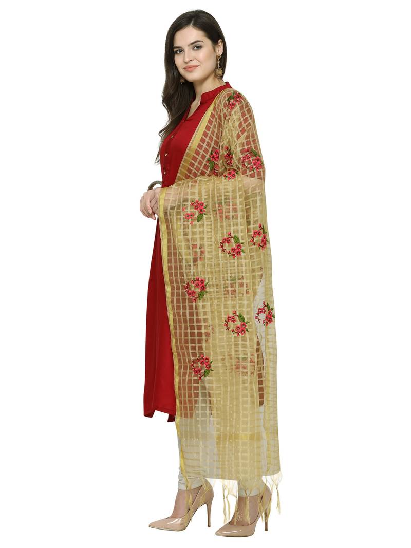 Beige Cotton Silk Embroidered Womens Dupatta
