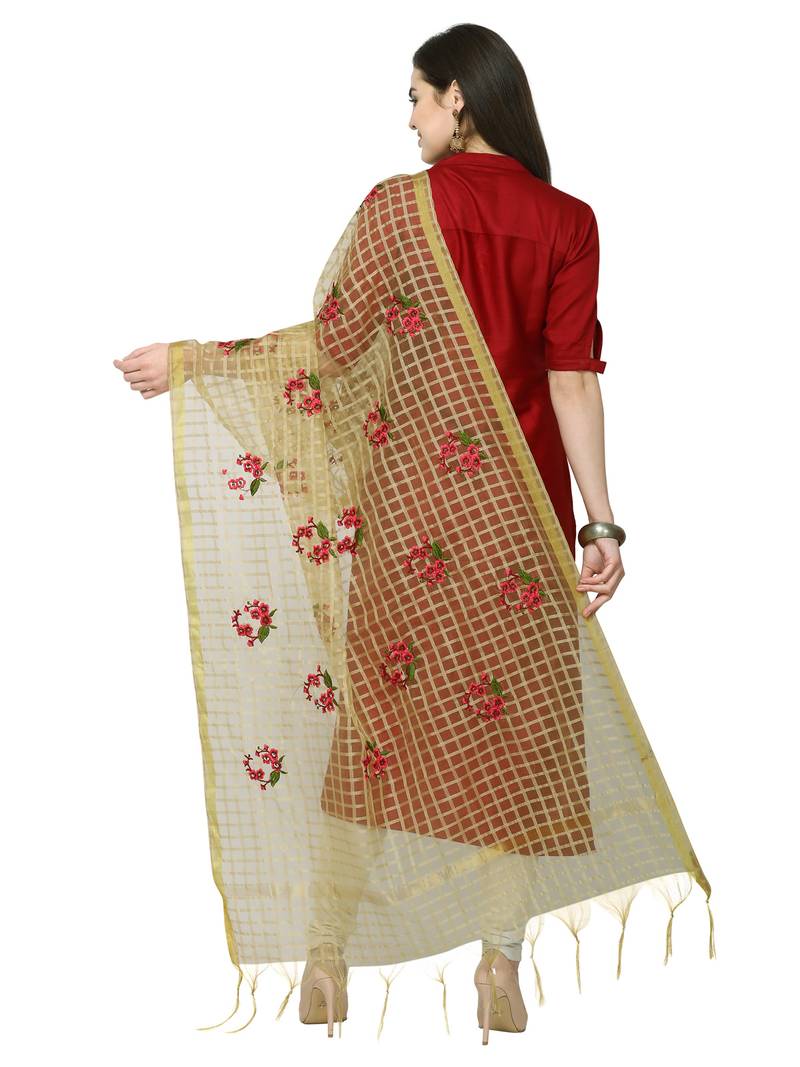 Beige Cotton Silk Embroidered Womens Dupatta