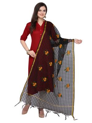 Black Cotton Silk Embroidered Womens Dupatta 1