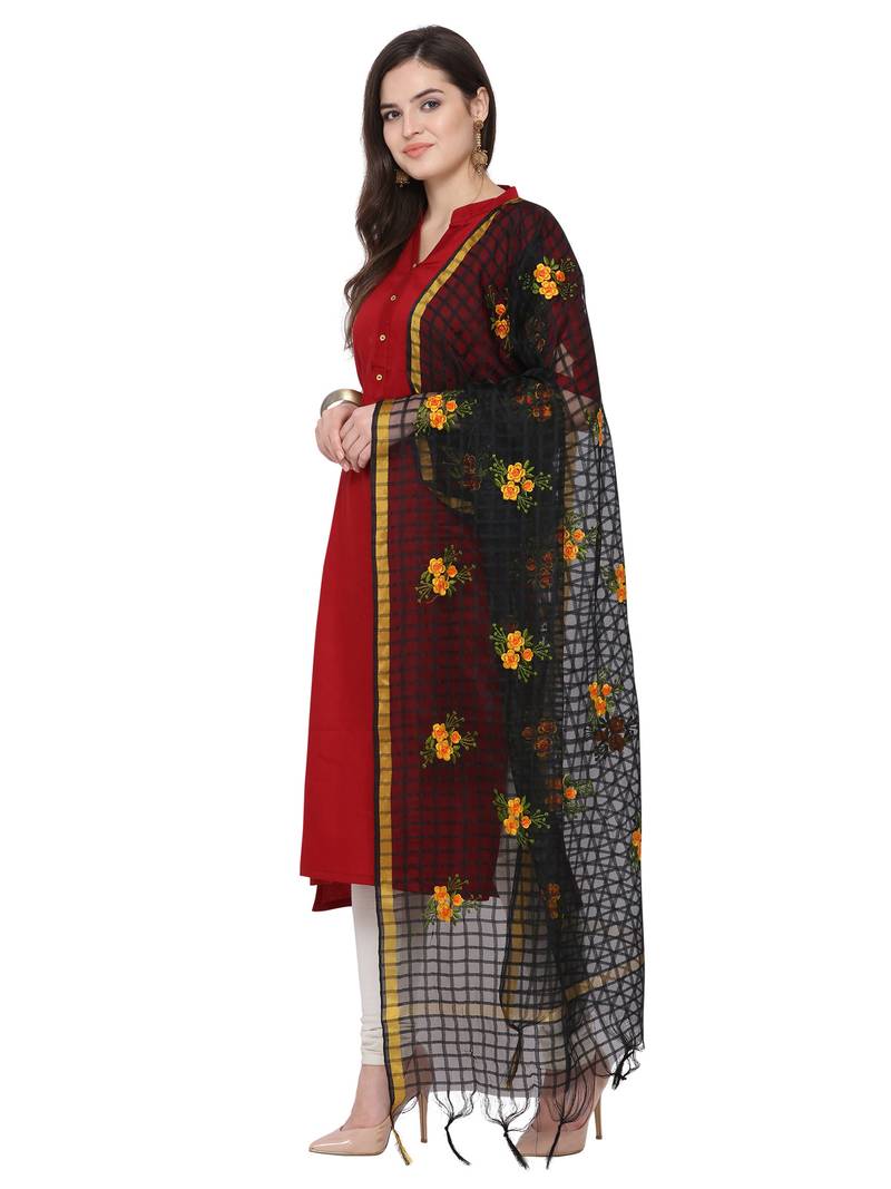 Black Cotton Silk Embroidered Womens Dupatta