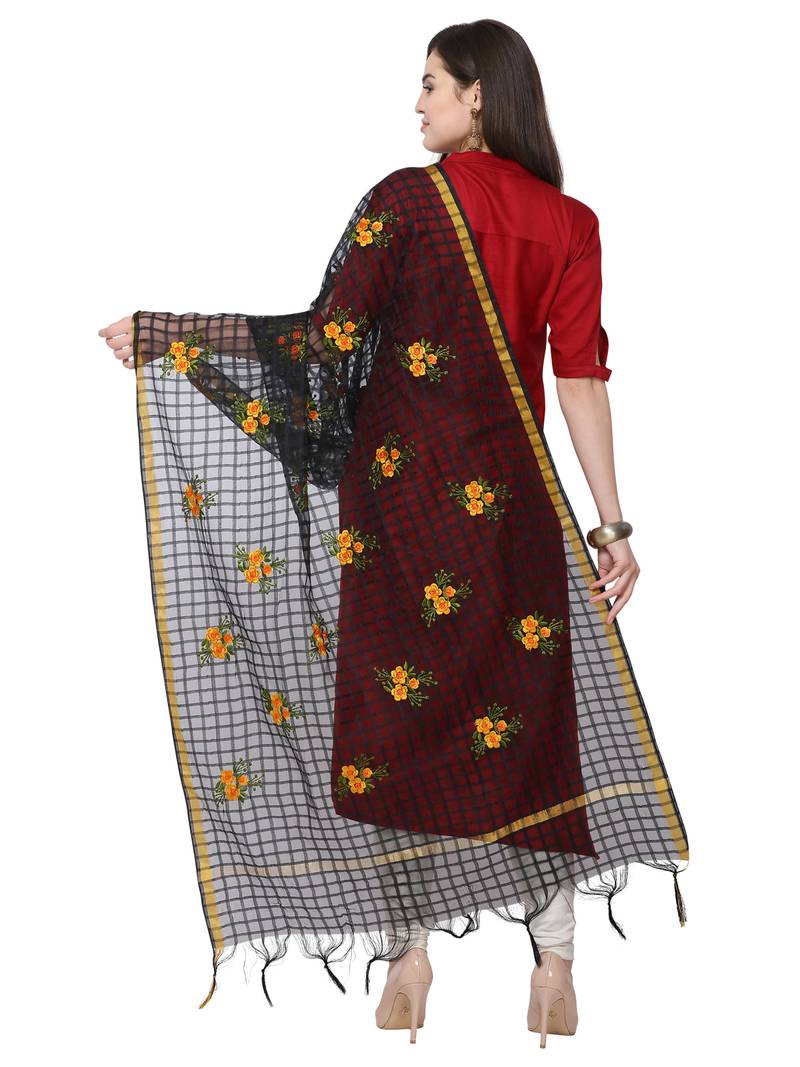 Black Cotton Silk Embroidered Womens Dupatta