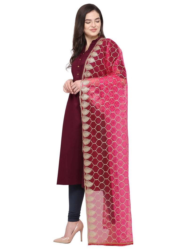 Peach Pink Net Gota Work Womens Dupatta