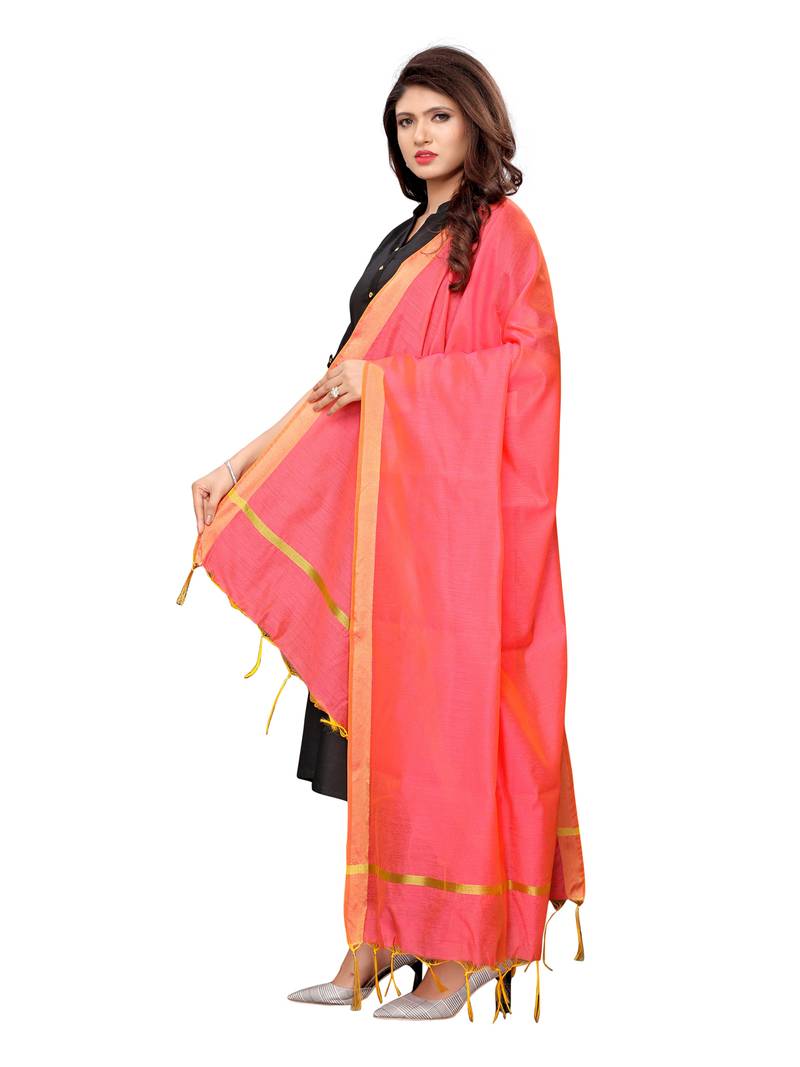 Pink Cotton Silk Zari Patta Womens Dupatta
