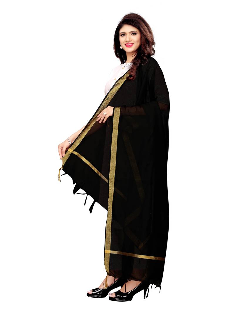 Black Cotton Silk Zari Patta Womens Dupatta