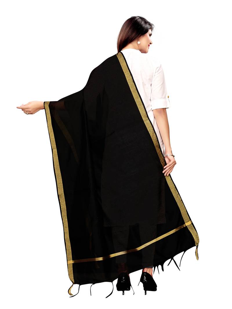 Black Cotton Silk Zari Patta Womens Dupatta