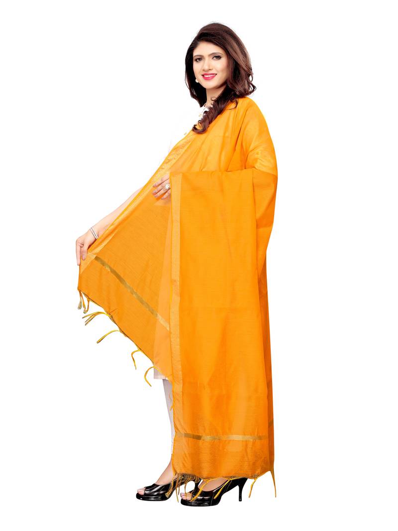 Yellow Cotton Silk Zari Patta Womens Dupatta