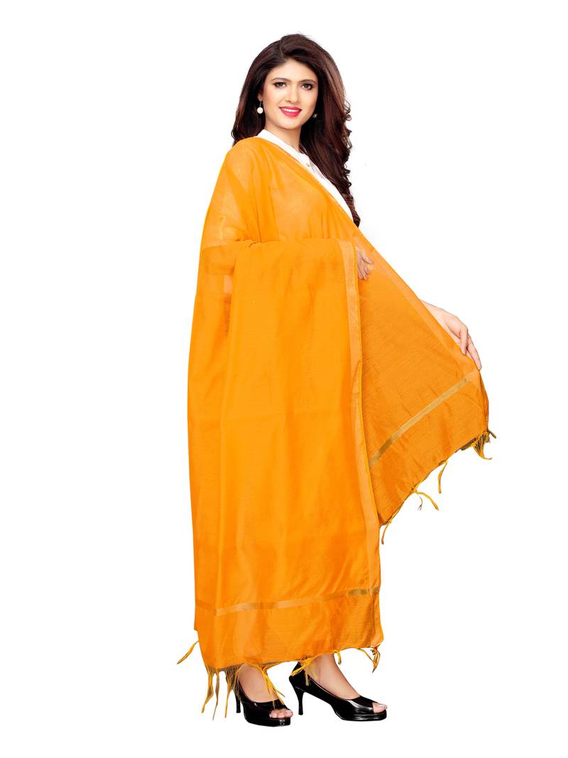 Yellow Cotton Silk Zari Patta Womens Dupatta