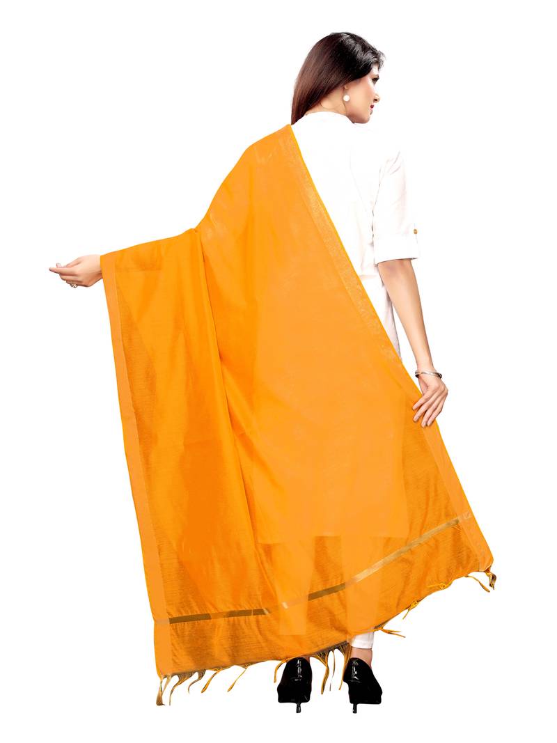 Yellow Cotton Silk Zari Patta Womens Dupatta