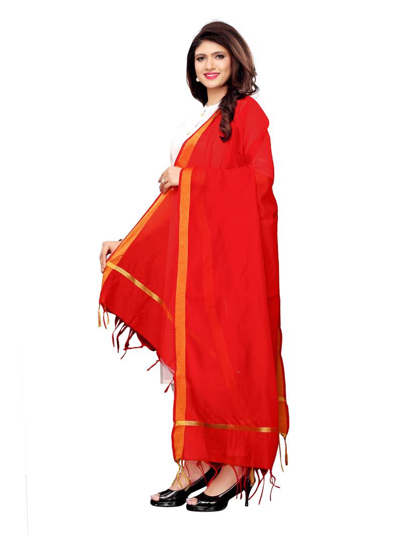 Red Cotton Silk Zari Patta Womens Dupatta