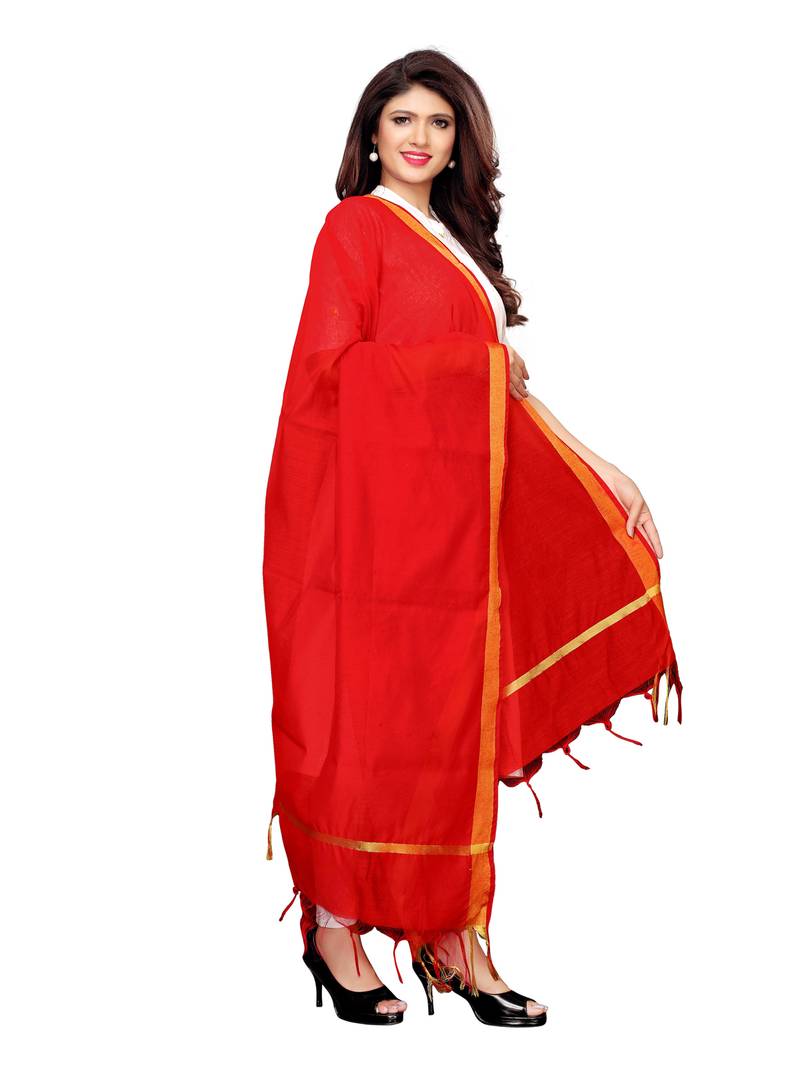 Red Cotton Silk Zari Patta Womens Dupatta