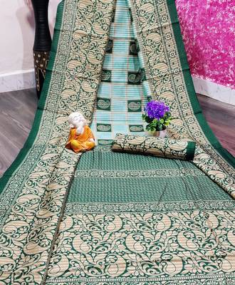 Green printed cotton saree with blouse 1