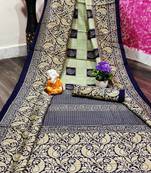 Navy blue printed cotton saree with blouse